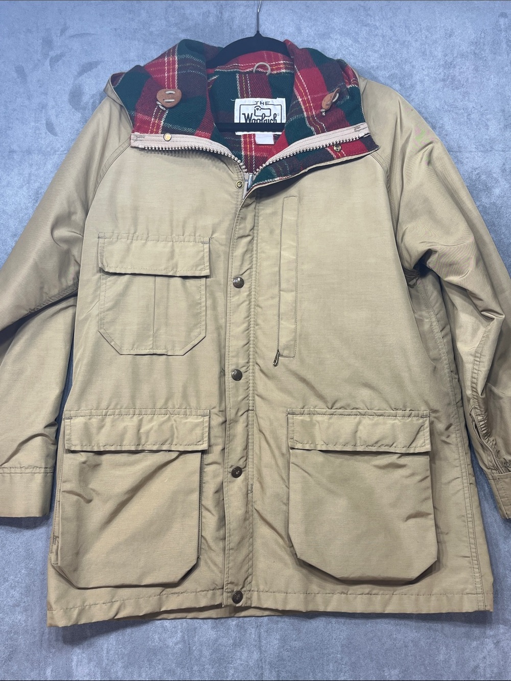 Woolrich Womens L Tan Plaid Lined Hooded Field Jacket Utility Coat